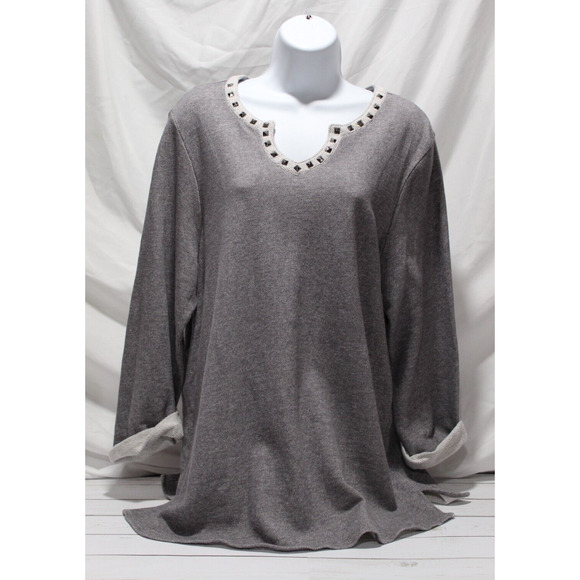 Susan Graver Women's L Gray Knit Top Sweetheart Studded Neck Rolled 3/4 Sleeve - Picture 4 of 12